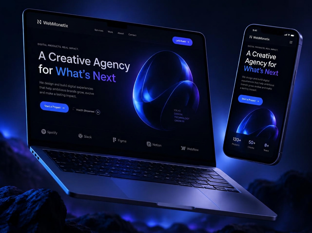 Laptop and phone displaying a modern dark-themed WebMonetix website design